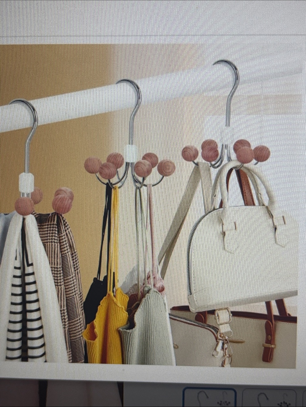 Chrome multi-hook hanger with round cedar wooden knob ends. - Picture 5 of 5